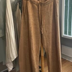 Tan Wide Leg Pants with Elastic Waistband and Drawstring